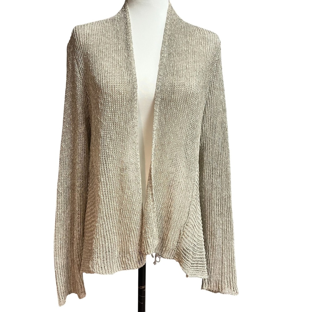 EILEEN FISHER Linen Cotton Blend Knit Open Front Cardigan‎ Sweater Women M Beige